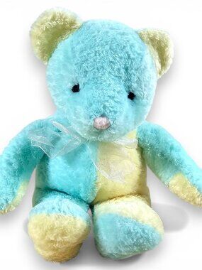 Jerry Elsner Bear Baby Plush Stuffed Toy Rattle Color Block Blue Yellow 13"